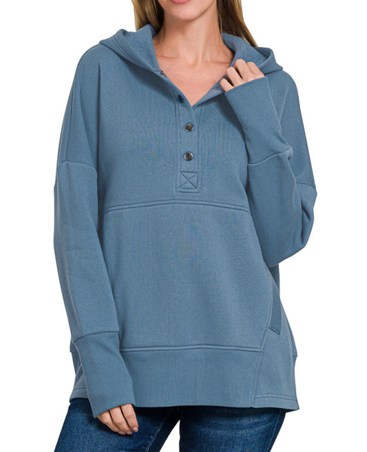 Zenana Half Button Hooded Sweatshirt