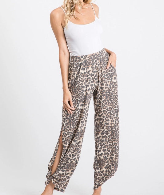 Leopard Split Side Ankle Tie Pants