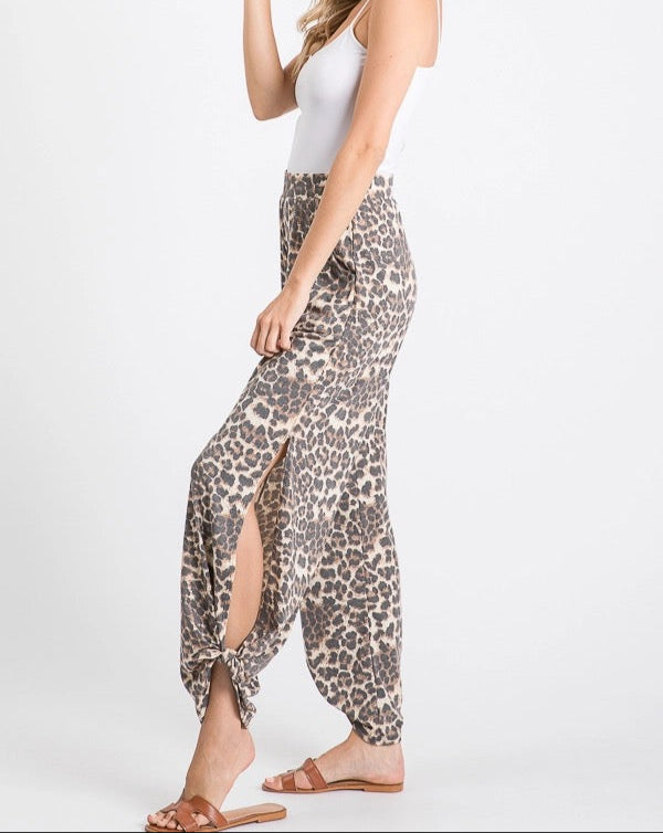 Leopard Split Side Ankle Tie Pants
