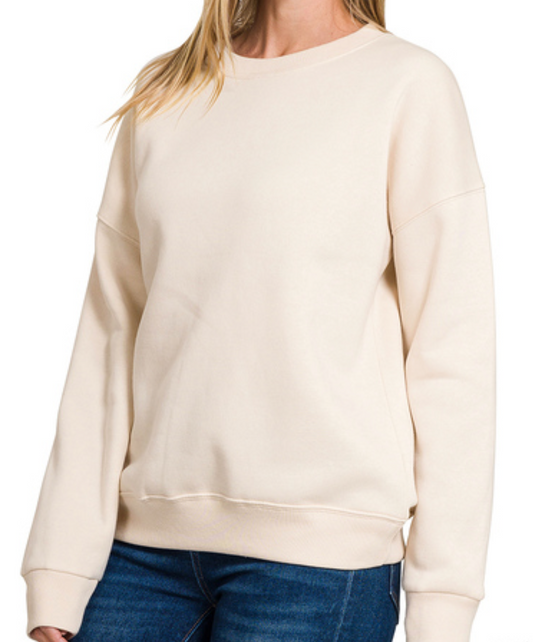 Zenana Fleece Drop Shoulder Sweatshirt-Beige
