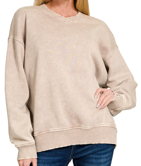 Zenana Acid Wash Pullover-Ash Mocha