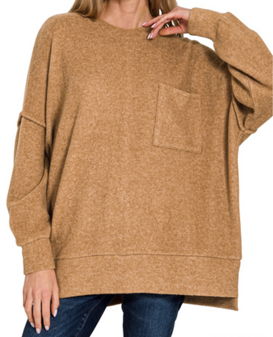 Zenana Drop Shoulder Oversized Sweater-Deep Camel