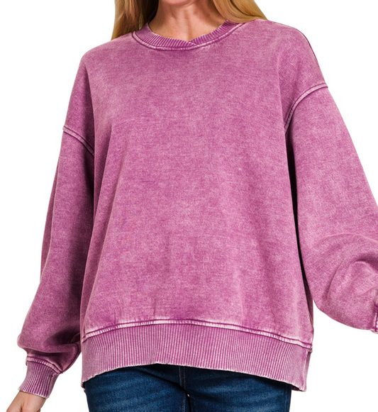 Zenana Acid Wash Pullover-Light Plum