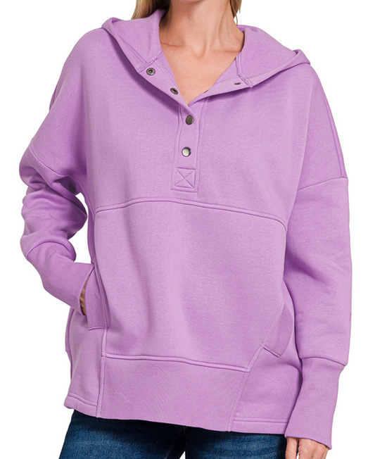 Zenana Half Button Hooded Sweatshirt
