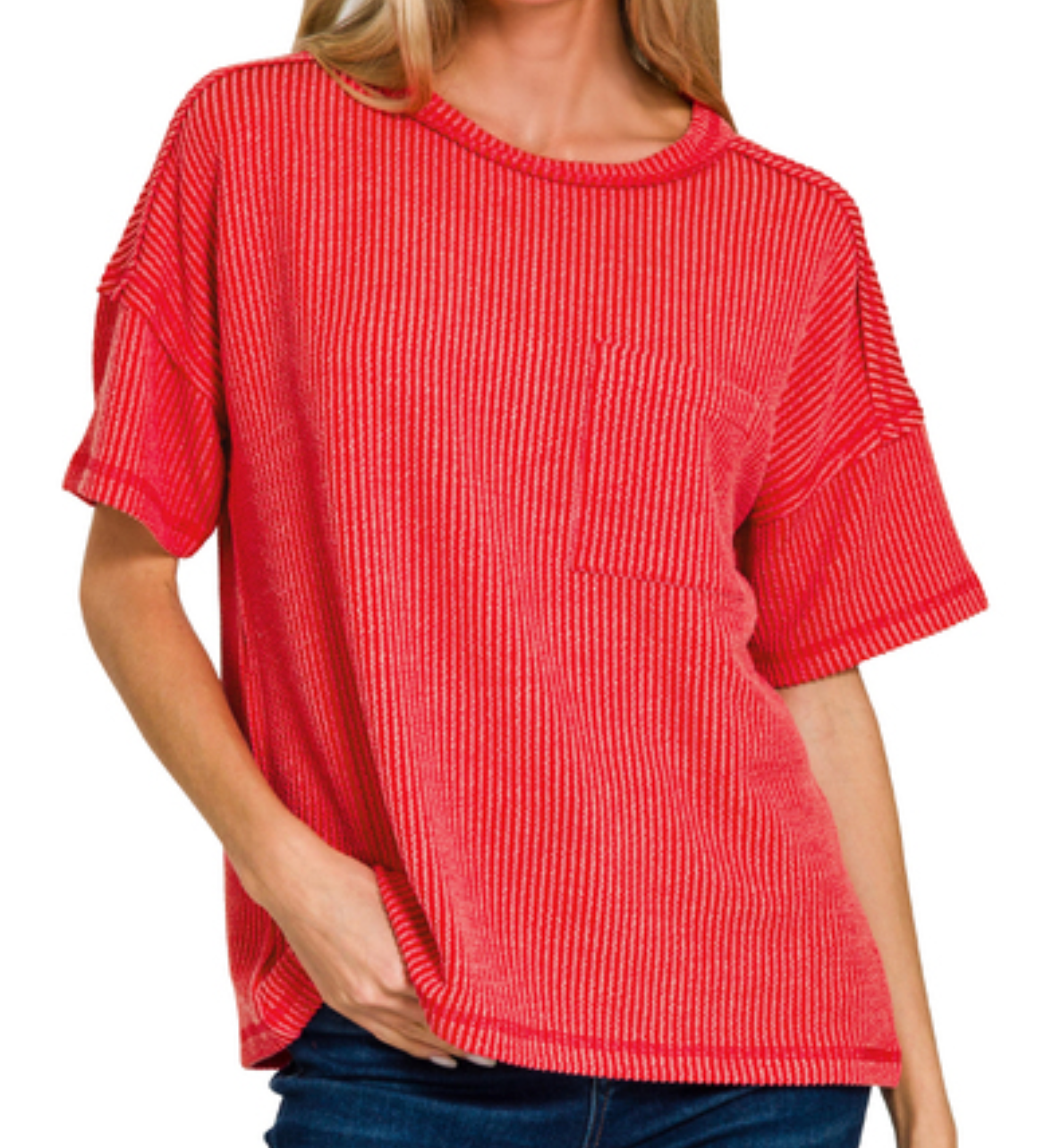 Zenana Raised Rib Exposed Seam Short Sleeve